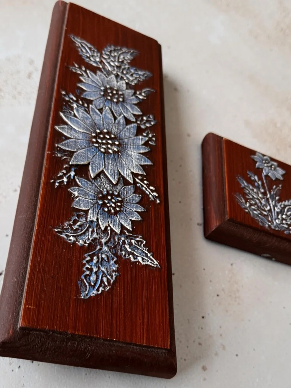 Vintage Beth Ritter Bas-Relief Floral Wall Art Set of 2 Wood Silver Flowers